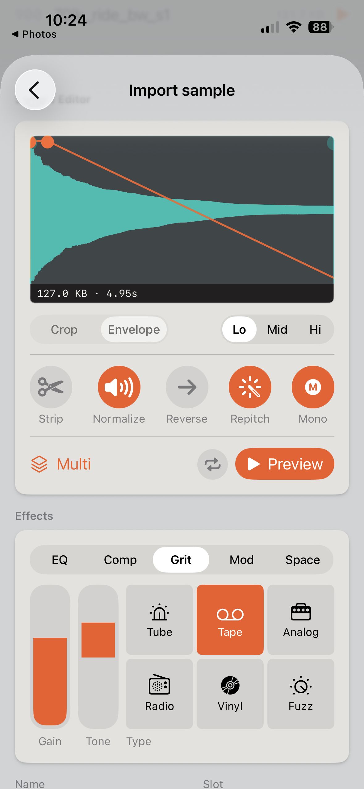 The sample editor with crop, normalize, reverse, and repitch above tube, tape, and analog saturation